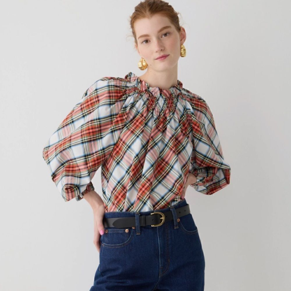J Crew Smocked Neck Cotton Poplin Top In Snowy Stewart Tartan Nwt